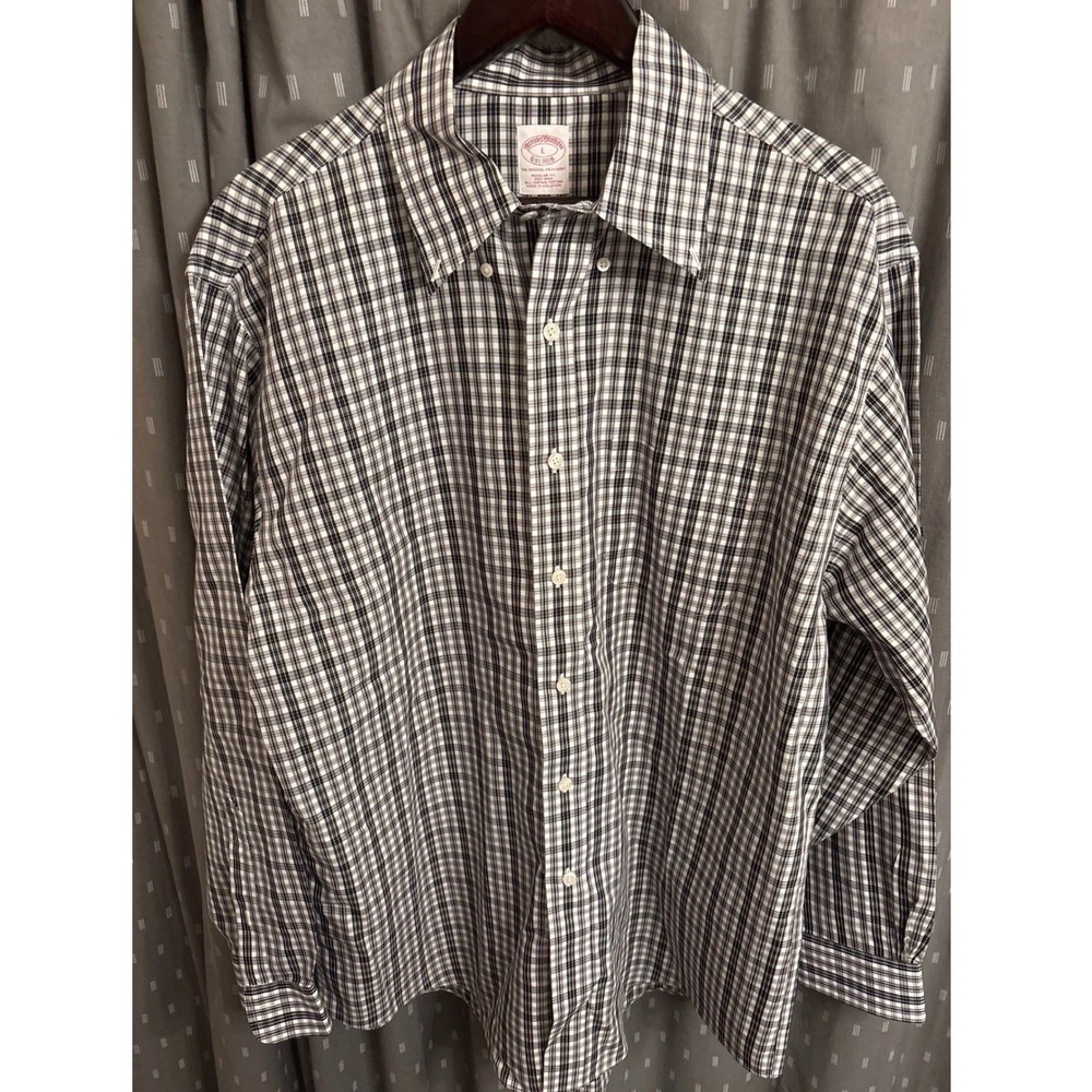 Brooks Brothers Regular Fit Non-Iron Supima Cotton Plaid Shirt Mens L Black